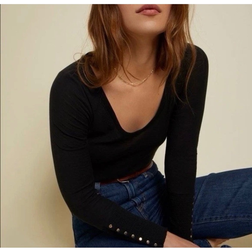Nation LTD V-Neck Top Womens XS Black Smocked Button Cuff Pima Cotton Chic